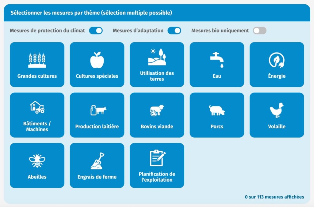 aperçu des leviers disponibles sur la plateforme Climat Agripedia